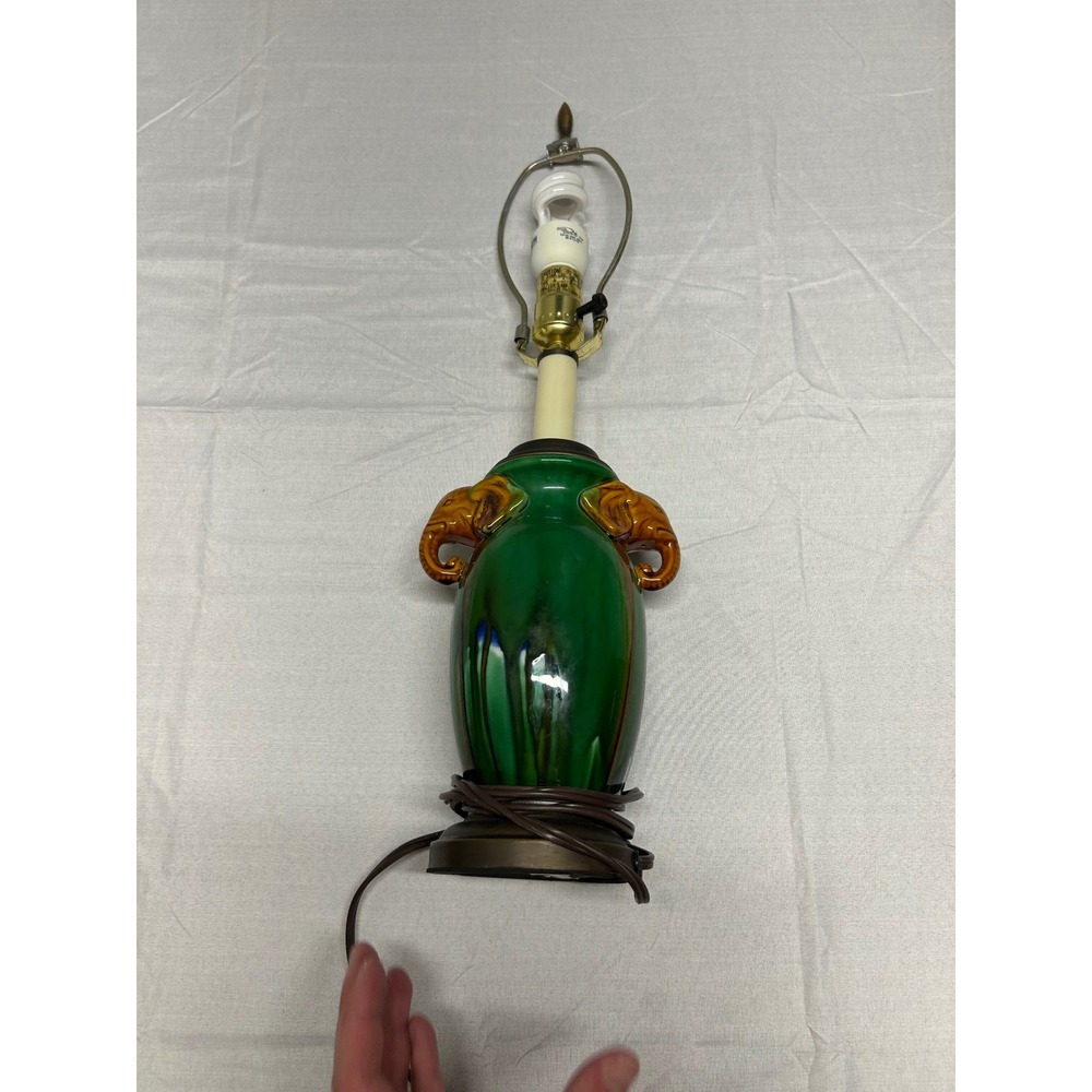 Vintage Elephant Ceramic Table Lamp Green Drip Glaze Boho Decor 20 Inch